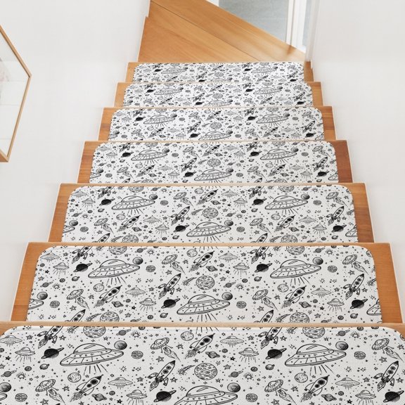 Funny Universe Stair Treads Non Slip for Steps Cartoon Rocket Graffiti Alien Spaceship Planets 7 Pcs Reusable Adhesive Stair Runner Mats for Dogs Elders Carpet Treads Rugs for Staircase 8x30 In