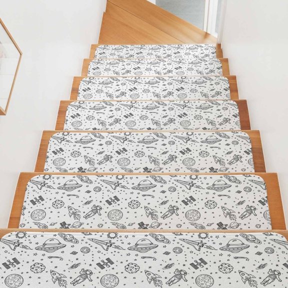 Funny Universe Stair Treads Non Slip for Steps Cartoon Rockets Astronauts Graffiti Spaceship Planet 10 Pcs Reusable Adhesive Stair Runner Mats for Dogs Elders Carpet Treads Rugs for Staircase 8x30 In