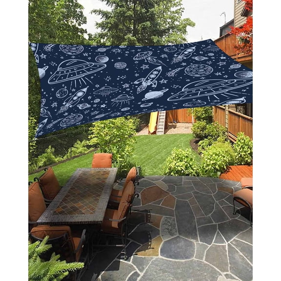 Funny Universe Sun Shade Sail 6.5'X10' Cartoon Rocket Graffiti Alien Spaceship Planet UV Block Outdoor Sail Shades Breathable Waterproof Rectangular Sunshade for Patio Garden Pool Pergola Porch