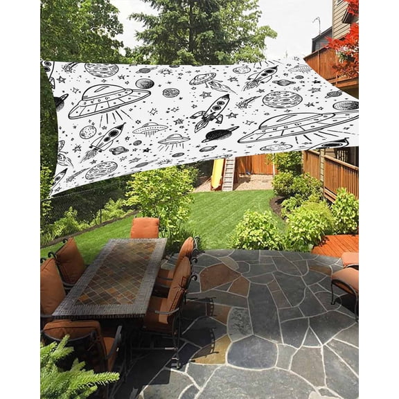 Funny Universe Sun Shade Sail 6.5'X10' Cartoon Rocket Graffiti Alien Spaceship Planets UV Block Outdoor Sail Shades Breathable Waterproof Rectangular Sunshade for Patio Garden Pool Pergola Porch