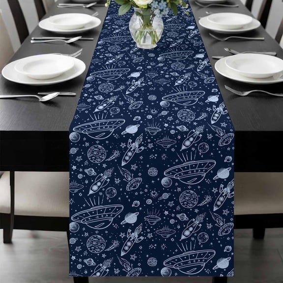 Funny Universe Table Runner, Cartoon Rocket Graffiti Alien Spaceship Planet Washable Cotton-linen Table Runners Dining Kitchen Decoration for Everyday Home Wedding Party Decor, 13 x 36 Inch