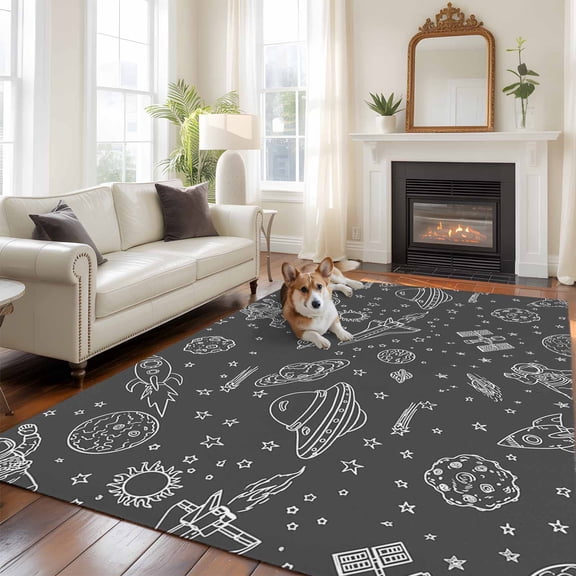 Funny Universe Washable Area Rug 6x9 Cartoon Rocket Astronauts Graffiti Spaceship Planet Low-Profile Large Area Rugs with Non Slip Backing Indoor Floor Carpet for Entrance Living Room Bedroom