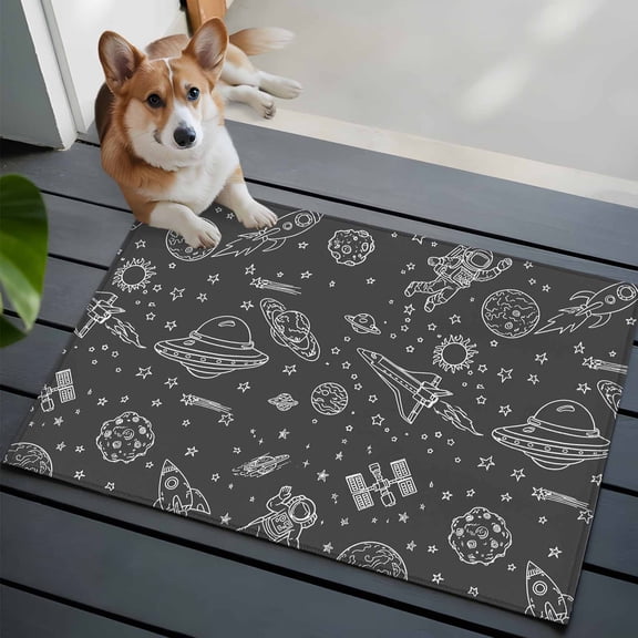 Funny Universe Washable Entry Rug 2x3 Cartoon Rocket Astronauts Graffiti Spaceship Planet Low Pile Indoor Door Mat with Rubber Backing Thin Area Rug for for Entrance, Bedroom, Kitchen, Bathroom