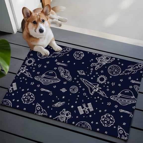 Funny Universe Washable Entry Rug 2x3 Cartoon Rocket Astronauts Graffiti Spaceship Planets Low Pile Indoor Door Mat with Rubber Backing Thin Area Rug for for Entrance, Bedroom, Kitchen, Bathroom