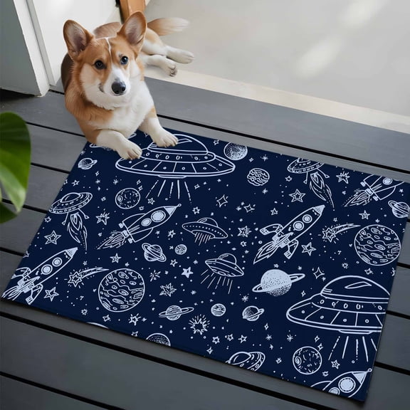 Funny Universe Washable Entry Rug 2x3 Cartoon Rocket Graffiti Alien Spaceship Planet Low Pile Indoor Door Mat with Rubber Backing Thin Area Rug for for Entrance, Bedroom, Kitchen, Laundry, Bathroom