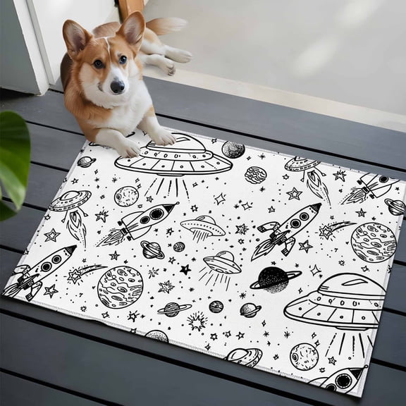 Funny Universe Washable Entry Rug 2x3 Cartoon Rocket Graffiti Alien Spaceship Planets Low Pile Indoor Door Mat with Rubber Backing Thin Area Rug for for Entrance, Bedroom, Kitchen, Laundry, Bathroom