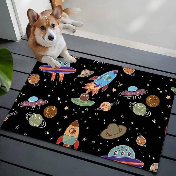Funny Universe Washable Entry Rug 2x3 Cartoon Rocket Graffiti Spaceship Planet Black Low Pile Indoor Door Mat with Rubber Backing Thin Area Rug for for Entrance, Bedroom, Kitchen, Laundry, Bathroom