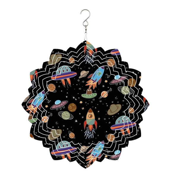 Funny Universe Wind Spinner for Garden Yard 8In, Cartoon Rocket Graffiti Spaceship Planet Black 3D Stainless Steel Kinetic Hanging Wind Spinners Rustproof Outdoor Decor for Lawn Patio Home