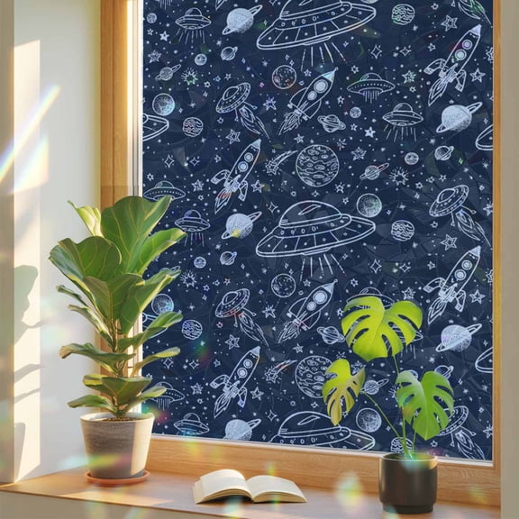 Funny Universe Window Privacy Film, Cartoon Rocket Graffiti Alien Spaceship Planet Stained Glass Rainbow Film Decorative Window Clings, Static Cling Sun Blocking Stickers 23.6" x 59"