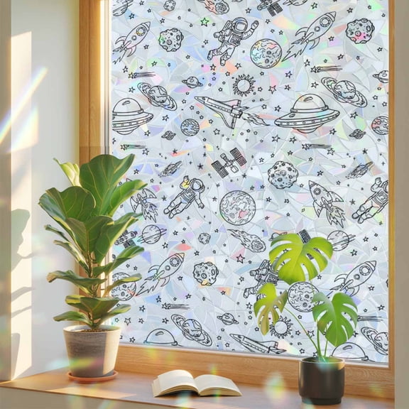 Funny Universe Window Privacy Film, Cartoon Rockets Astronauts Graffiti Spaceship Planet Stained Glass Rainbow Film Decorative Window Clings, Static Cling Sun Blocking Stickers 23.6" x 59"