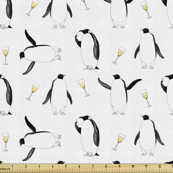Ambesonne Funny Fabric by the Yard Upholstery, Penguins with Champagne Glass, 5 Yards, Charcoal Grey White