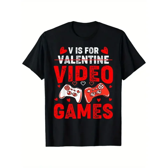 Funny Valentine's Day Gamer T-Shirt - 'V is for Video Games' Design with Game Controllers & Hearts, 100% Cotton, Unisex Sizes S-XXXL, Casual Short-Sleeve Tee for All Seasons