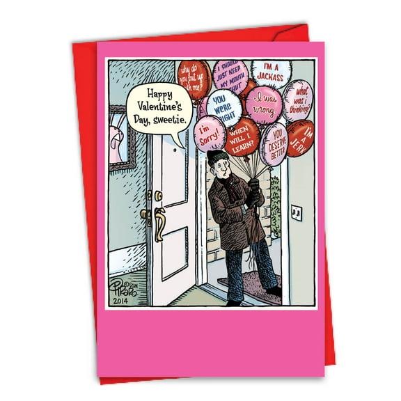 Funny Valentine's Day Greeting Card with 5 x 7 Inch Envelope (1 Card) Sorry Balloons - Husband with Lettered Balloons at Door
