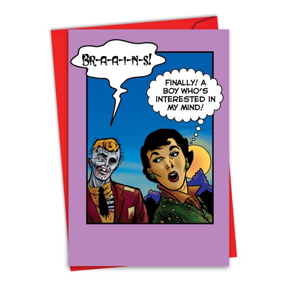 Funny Valentine's Day Greeting Card with 5 x 7 Inch Envelope (1 Card) Zombie Brains - Illustration of Zombie and Woman