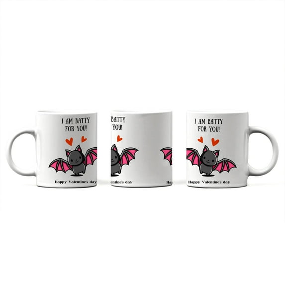Funny Valentine's Day Mug, "I Am Batty For You" Cute Bat Pun, Romantic Novelty Gift for Boyfriend, Girlfriend, Crush