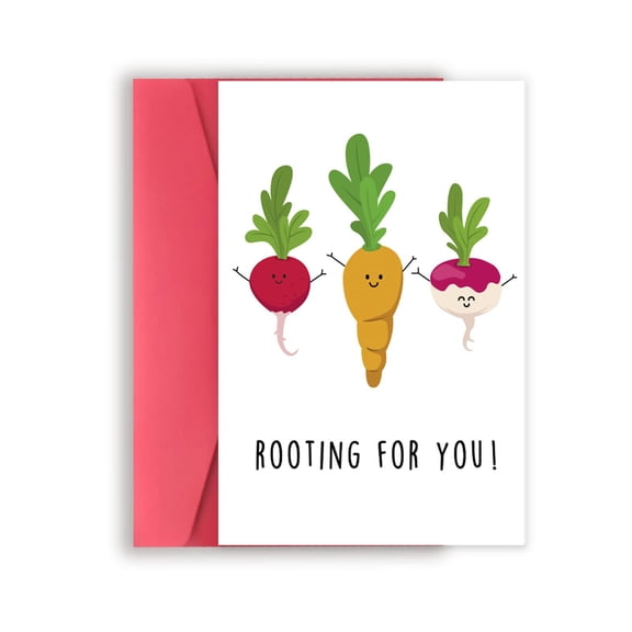 Funny Vegetable Card - Rooting For You! Cute Radishes and Carrot Design Blank Inside Greeting Card with Envelope Perfect for Encouragement or Support