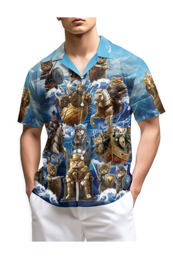 Funny Viking Cat Hawaiian Shirt for Men, Nordic Norse Mythology Kittens Button Down Summer Beach Short Sleeve, S-5XL