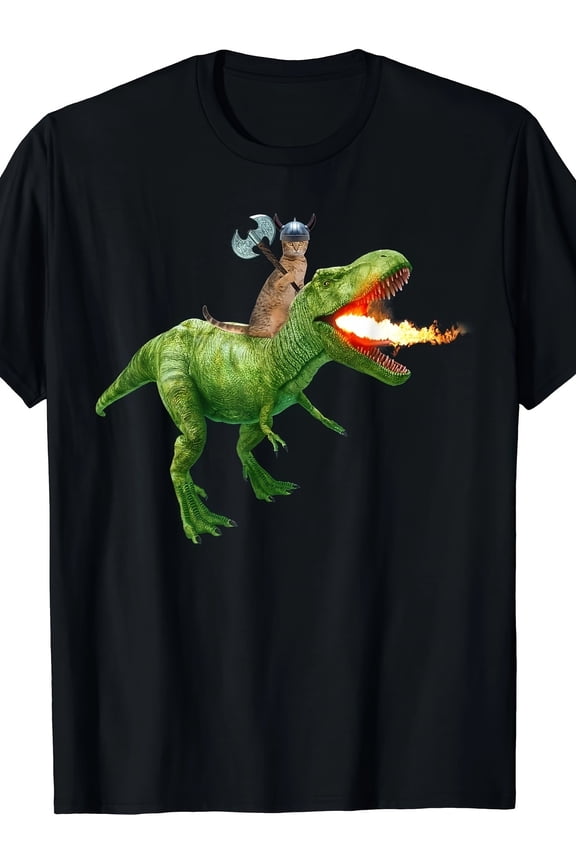 Funny Viking Cat Riding Fire Breathing T-Rex Dinosaur Graphic T-Shirt Retro Humor Unisex Apparel
