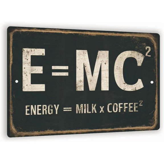 Funny Vintage Coffee Sign E=MC Parody Wall Decor Energy = Milk x Coffee Retro Style Sign For Kitchen, Caf, Or Office 8x12