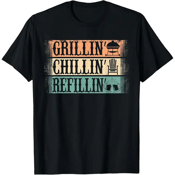 Funny Vintage Grilling Chilling Refilling for Men Short Sleeve Graphic T-Shirt