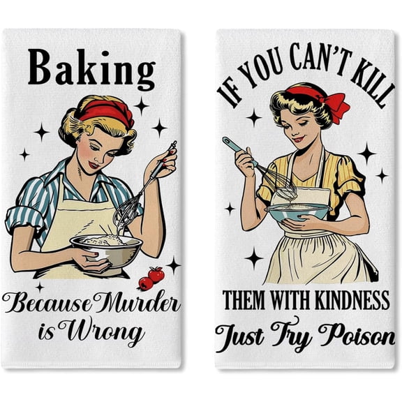 Funny Vintage Housewife Kitchen Dish Towels Set of 2, Housewarming Gifts for Hostess Women Baking Lover Drying Hand Towel Cooking Cloth, Retro Humorous Bathroom Home Decoration 18'' x 26''
