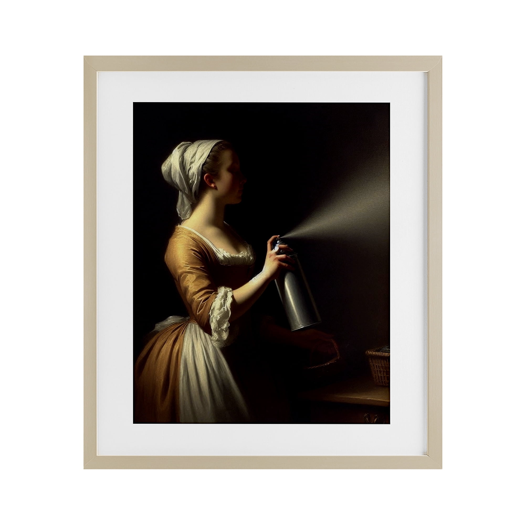 Funny Vintage Lady & Spray Paint Birch Framed Print Under Glass, design by Lettered and Lined
