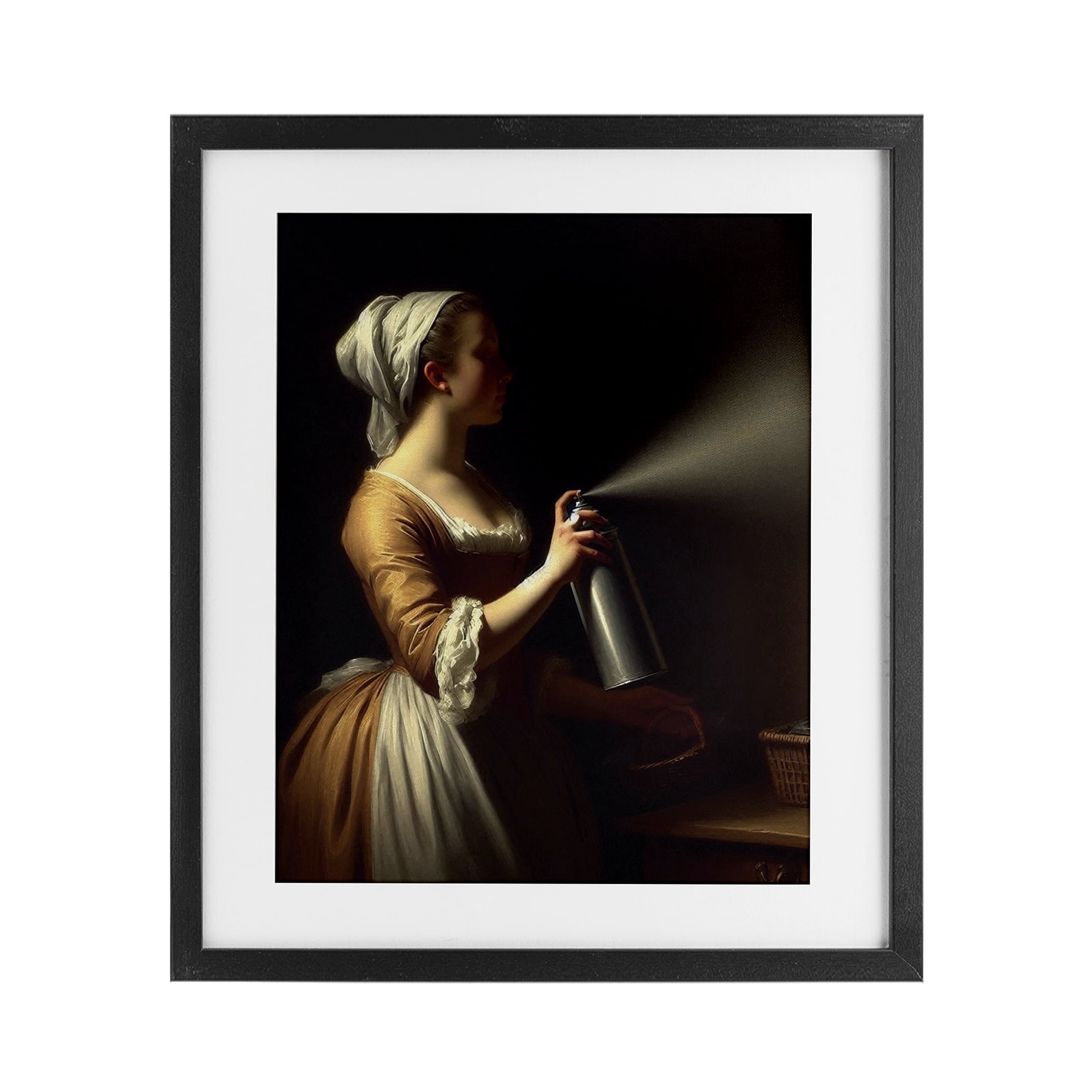 Funny Vintage Lady & Spray Paint Black Framed Print Under Glass, design by Lettered and Lined