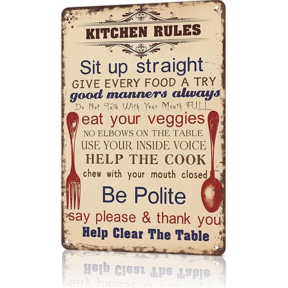Funny Vintage Metal Kitchen Rules Tin Sign Poster, Family Values Wall Decor for Home, Room, Garage or Office, 8 x 12 Inch