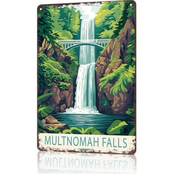 Funny Vintage Metal Sign Multnomah Falls Travel Poster Posters Wall Art Print for Office Dorm Man Cave Garage Decor 8X12inch