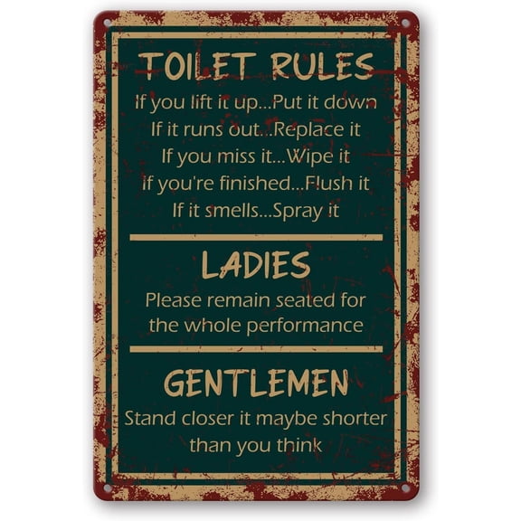 Funny Vintage Metal Tin Sign 8x12 Inch Wall Decor Bathroom Rules Plaque for Toilet, Restroom, Put the Seat Down, Flush, Home