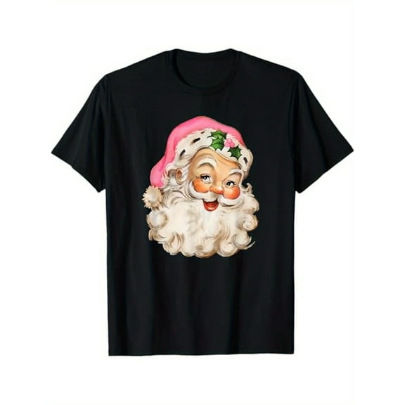 Funny Vintage Pink Santa Claus Pink Christmas Design Xmas T-Shirt, 100% Cotton, Gifts for Men Dad Husband Grandpa, S-XXXL, Black