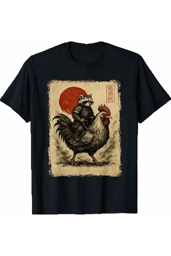 Funny Vintage Raccoon Rooster Chicken Japanese Ukiyo-e Art T-Shirt
