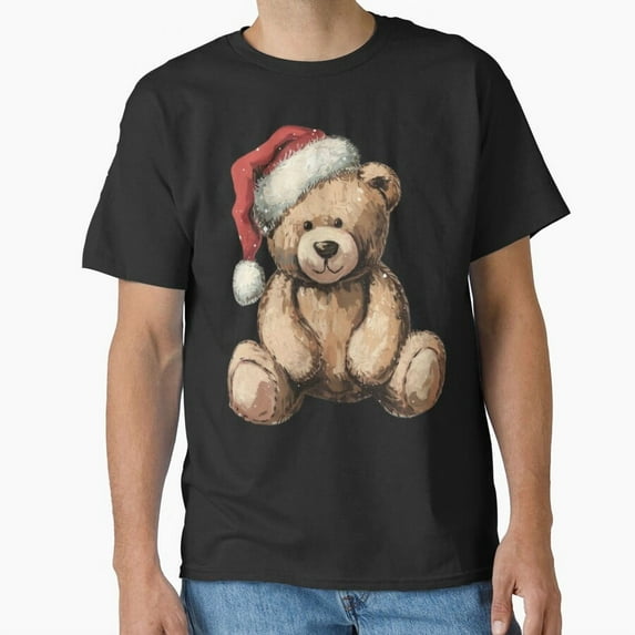 Funny Vintage Teddy Bear Wearing Holiday Hat Xmas Graphic Unisex T-Shirt, up to Size 5XL