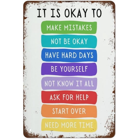 Funny Vintage Tin Metal Sign It's Okay to Not Be Okay Poster Motivational Kids Art Classroom Posters Quotes Educational Wall Art 12x8 Inch Suitable for Home Bar Cafe Wall Decor