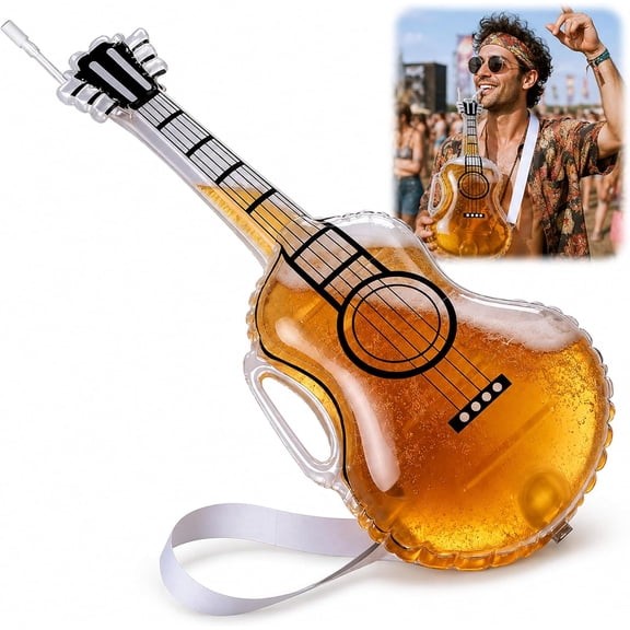 Funny Violin-Shaped Beer Bottle, Unique Guitar-like Design Sparkles Conversation, 100oz Large Capacity, Adjustable Strap & Straw for Easy Sipping While Dancing, Food-Grade Durable (1PC)