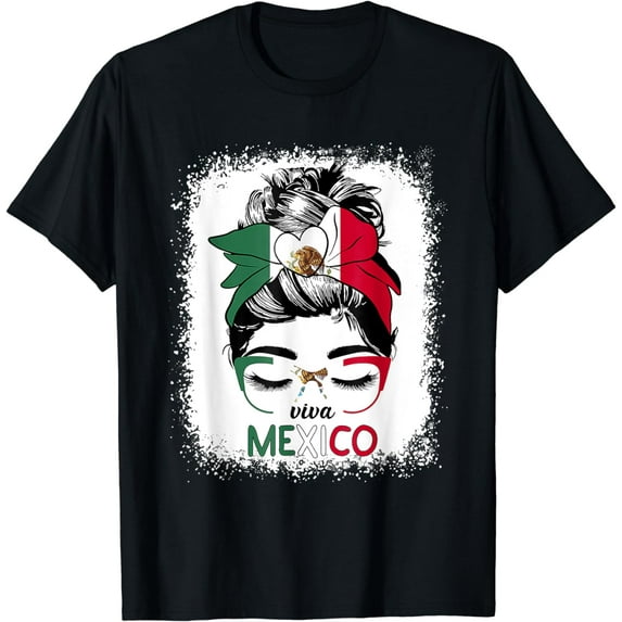 Funny Viva Mexico Messy Bun Hair Mexican Flag Pride Women T-Shirt