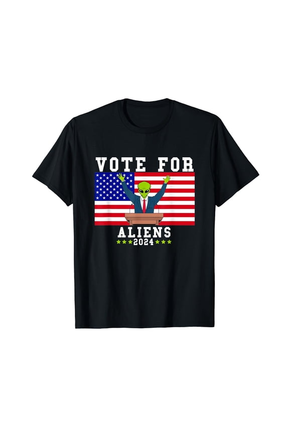Funny Vote For Aliens 2024 Presidential Election T-Shirt - Retro UFO Believer Graphic Tee - Sarcastic Political Humor Apparel for Men and Women - Patriotic American Flag Outer Space Visitor Top