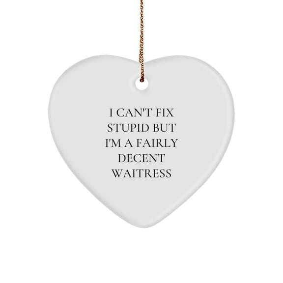 Funny Waitress Gifts from Friends for Waitress - Heart Ornament with I Can't Fix Stupid But I'm A Fairly Decent Waitress Quote - Christmas Unique Gifts
