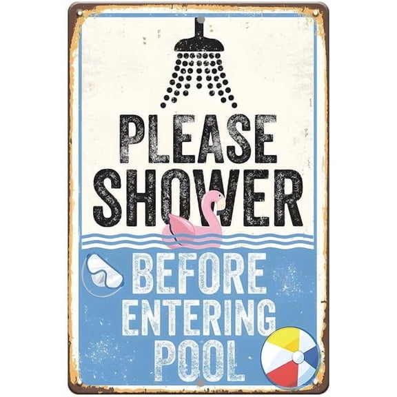 Funny Warning Flamingo Pool Sign-Please Shower Before Entering Pool,Outdoor Pool Decor Pool Rules Signs,Summer Decor for Swimming Pool,Swimming Pool Accessories Warning Sign for Pool,12x8 In