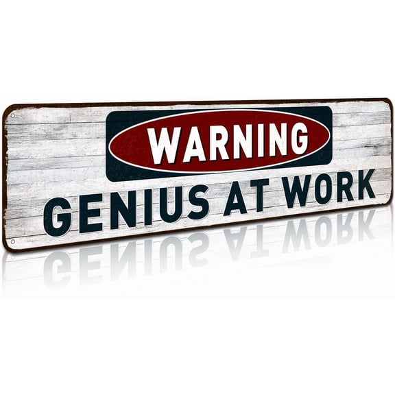 Funny Warning Genius At Work Sign Wall Decor Retro Metal Dorm Room Vintage Tin Sign 4" by 16"