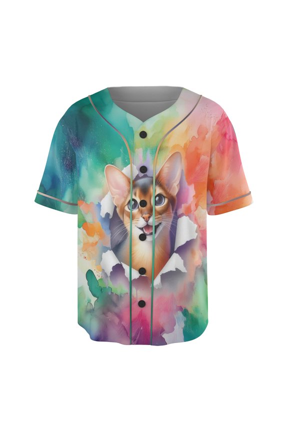 Funny Watercolor Adorable Abyssinian Peeking Through Torn Paper Effect All Over Print 3D Baseball Shirt Cat Lover Kitten Owner Gifts Softball Sport - 00026