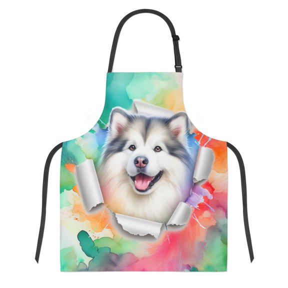 Funny Watercolor Adorable Alaskan Malamute Peeking Through Torn Paper Effect Apron Alaska Mal Dog Lovers Gifts for Cooking Grilling Baking Painting Gardening - 00026