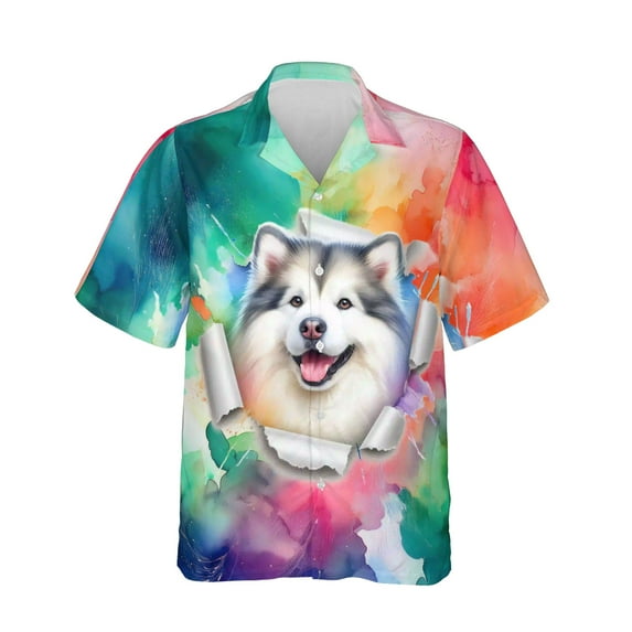 Funny Watercolor Adorable Alaskan Malamute Peeking Through Torn Paper Effect Hawaiian Shirt Breathable Summer Unisex Merch Alaska Mal Dog Lovers Gifts - 00026