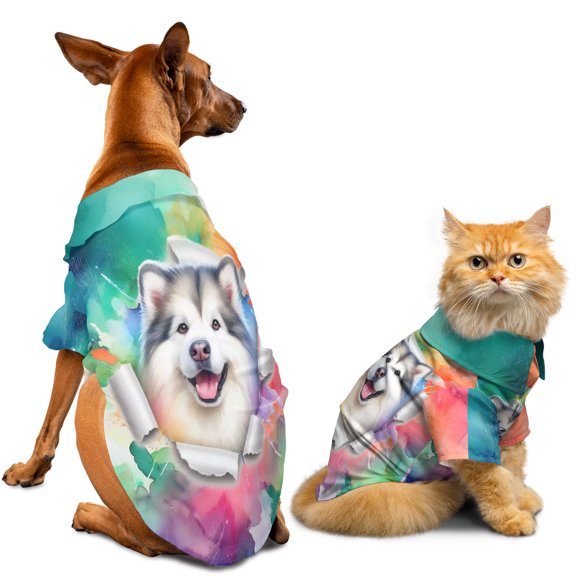 Funny Watercolor Adorable Alaskan Malamute Peeking Through Torn Paper Effect Hawaiian Summer Shirt for Small Medium Large Dog Cat Alaska Mal Dog Lovers Gifts - 00026