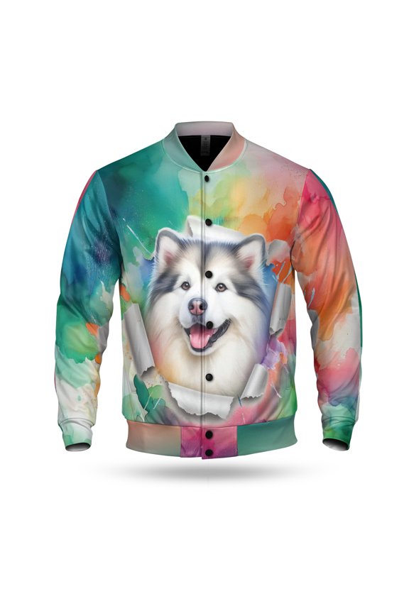 Funny Watercolor Adorable Alaskan Malamute Peeking Through Torn Paper Effect All Over Print 3D Baseball Jacket Alaska Mal Dog Lovers Gifts Bomber Jacket Softball - 00026