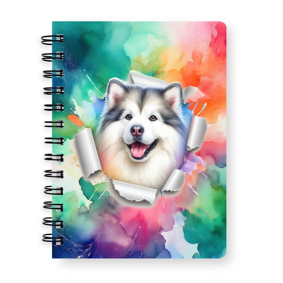 Funny Watercolor Adorable Alaskan Malamute Peeking Through Torn Paper Effect Spiral Bound Journal Alaska Mal Dog Lovers Gifts 5x7in Spiral Notebook - 00026