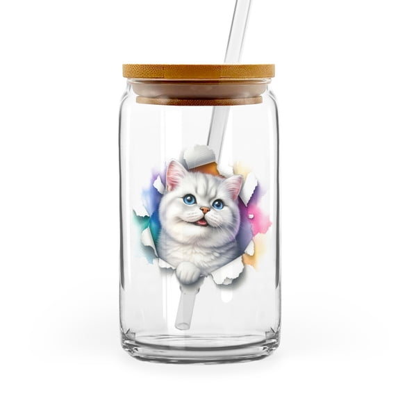 Funny Watercolor Adorable American Shorthair Peeking Through Torn Paper Effect 16oz Glass Cup Mug Cat Lover Kitten Owner Gifts Glass Can with Bamboo Lid and Straw - 00026