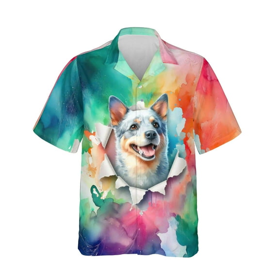Funny Watercolor Adorable Australian Cattle Dog Peeking Through Torn Paper Effect Hawaiian Shirt Breathable Summer Unisex Merch Heeler Lover Gifts - 00026
