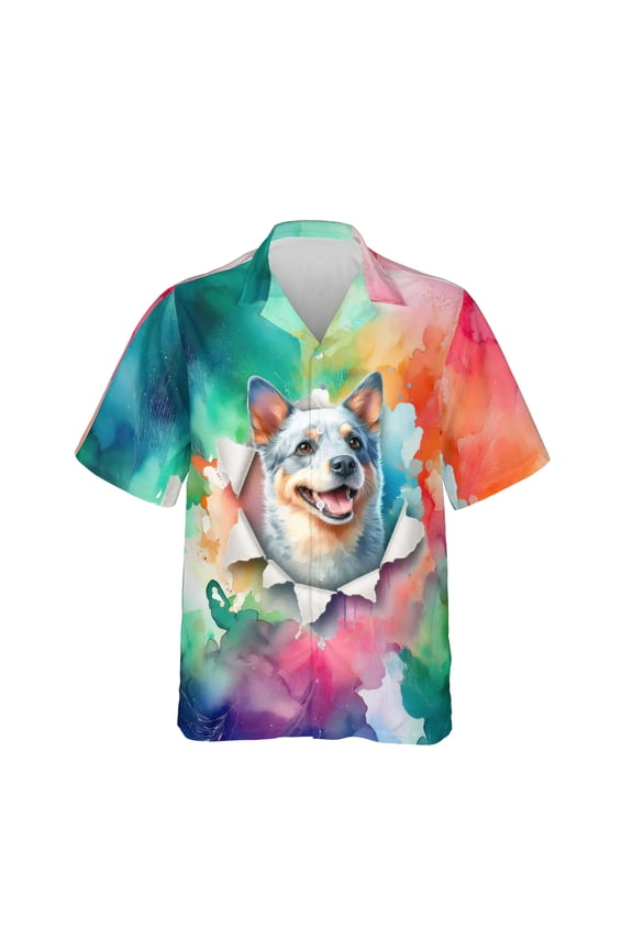 Funny Watercolor Adorable Australian Cattle Dog Peeking Through Torn Paper Effect Hawaiian Shirt Breathable Summer Unisex Merch Heeler Lover Gifts - 00026