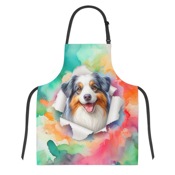 Funny Watercolor Adorable Australian Shepherd Peeking Through Torn Paper Effect Apron Aussie Dog Lover Gifts for Cooking Grilling Baking Painting Gardening - 00026